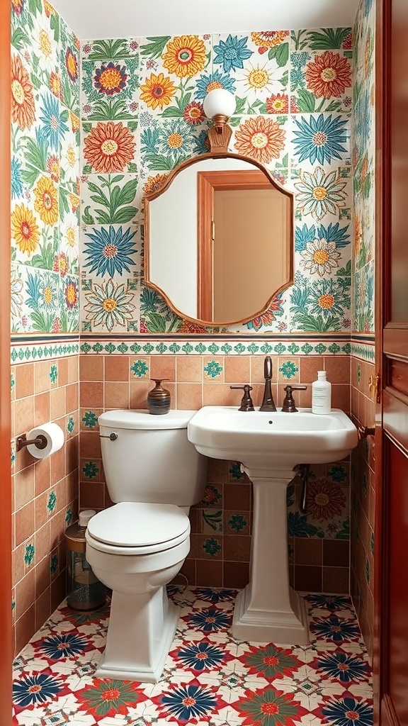 A small bathroom with colorful floral wallpaper, patterned tiles, and a round mirror.