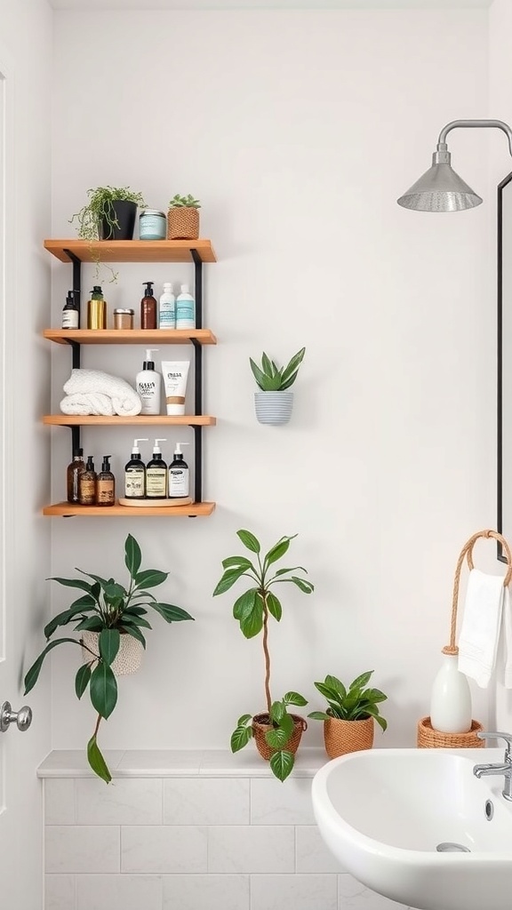 A modern bathroom shelf with neatly arranged toiletries and plants.
