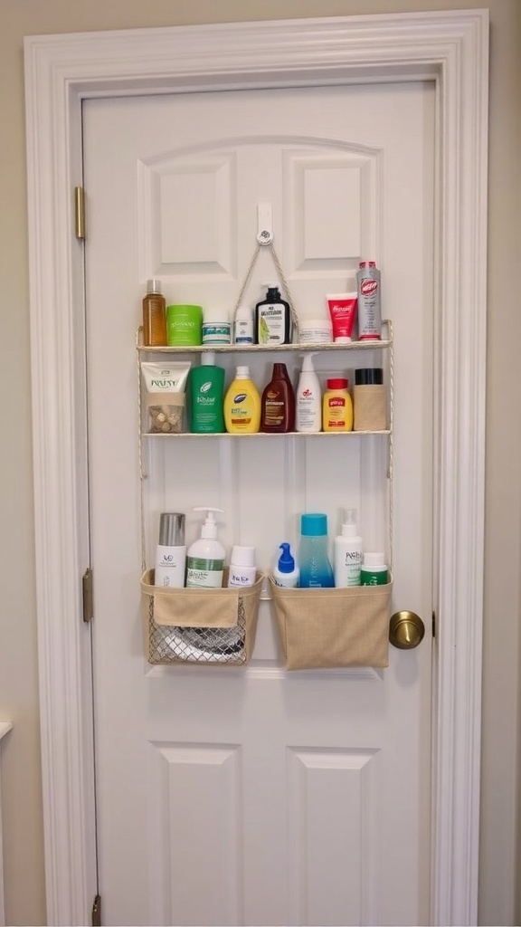 Over-the-door organizer filled with toiletries on a bathroom door.