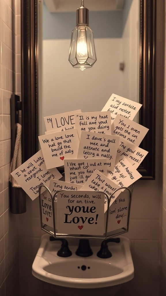 A collection of personalized love notes displayed in a bathroom setting.