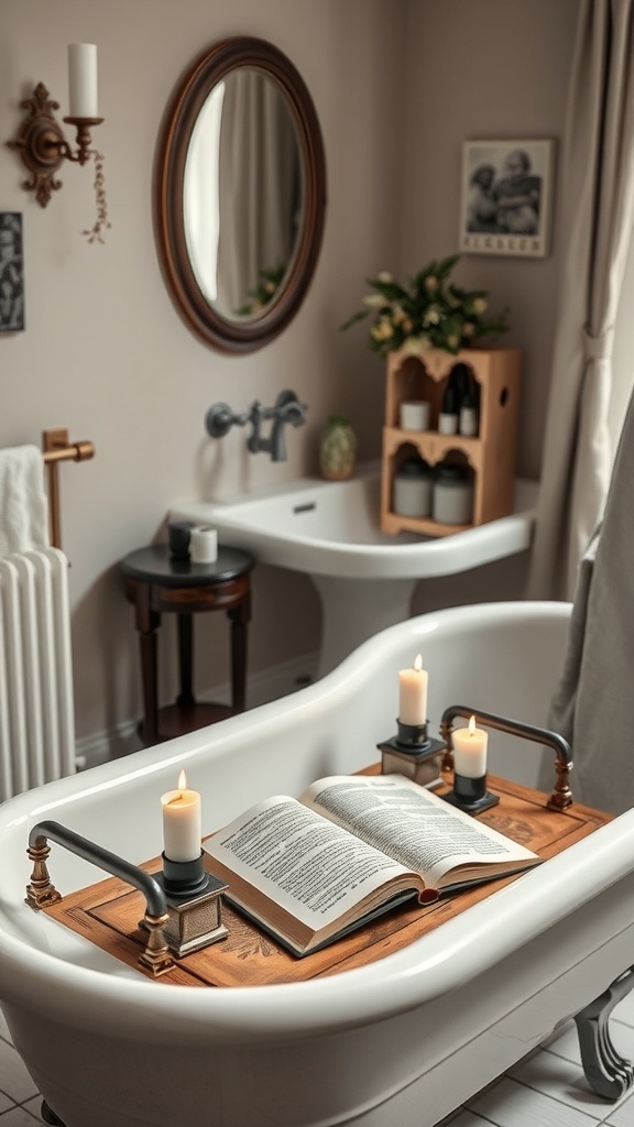 A vintage bathroom featuring a wooden bathtub tray with candles and an open book.