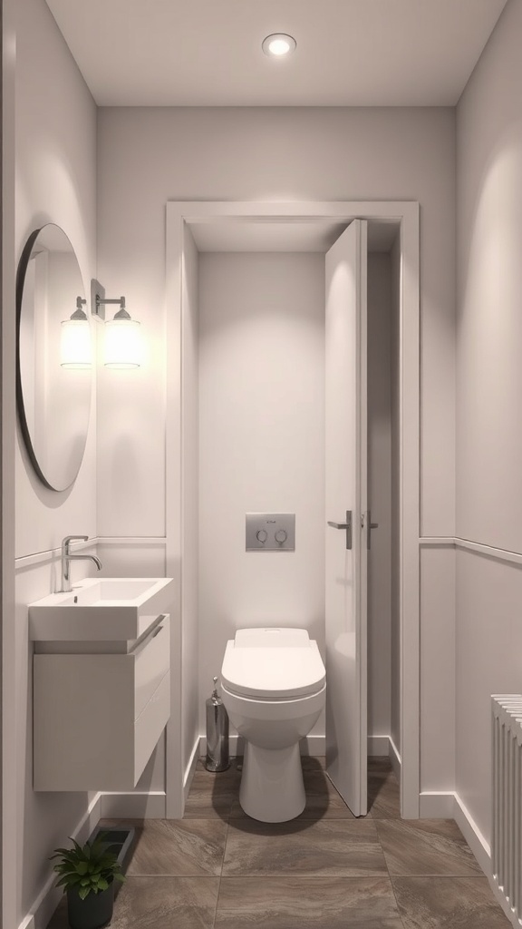 A small bathroom featuring a pocket door, modern sink, and neutral decor.
