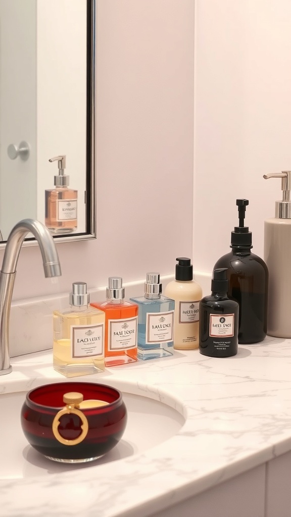 A marble bathroom countertop with various scented bath products and a decorative red bowl.