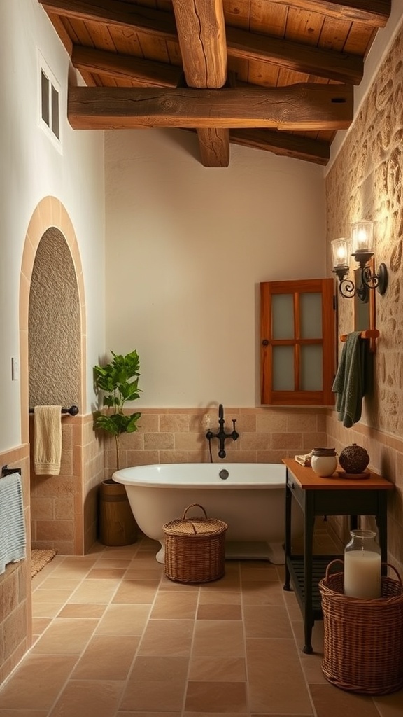 A rustic bathroom featuring exposed wooden beams, natural stone walls, and a freestanding bathtub.