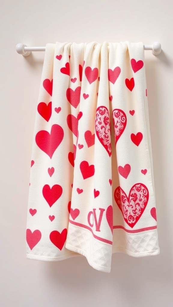 A cream towel with pink hearts hanging on a rack
