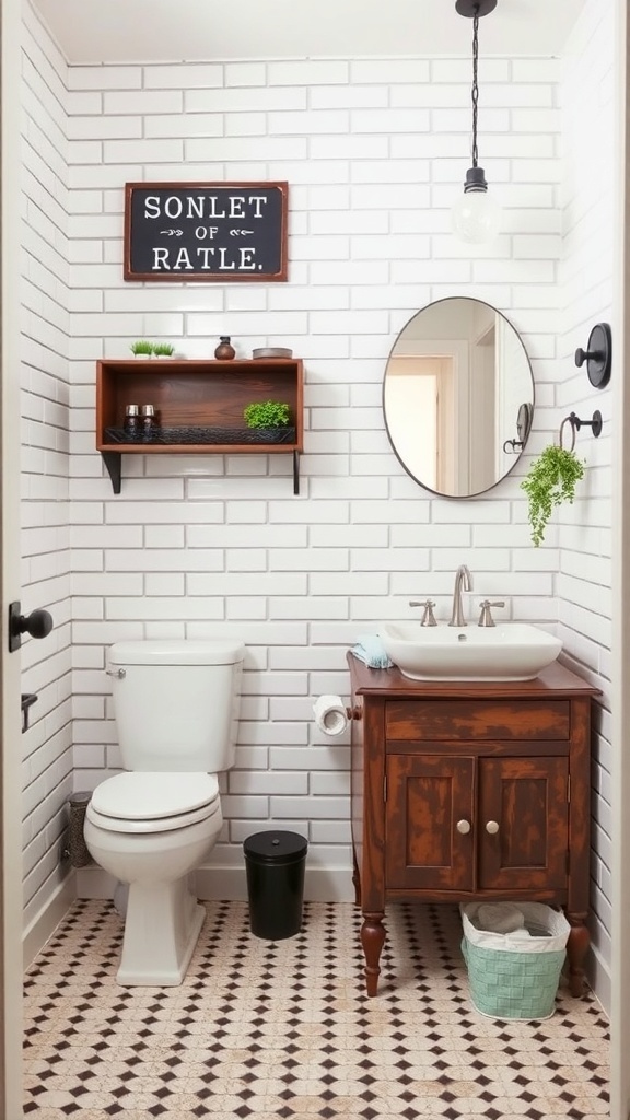 A vintage bathroom featuring classic white subway tile walls, a wooden vanity, a round mirror, and patterned floor tiles.