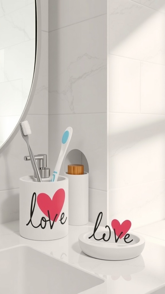 Chic love-themed bathroom accessories including a toothbrush holder and a small dish with the word 'love' and a heart design.