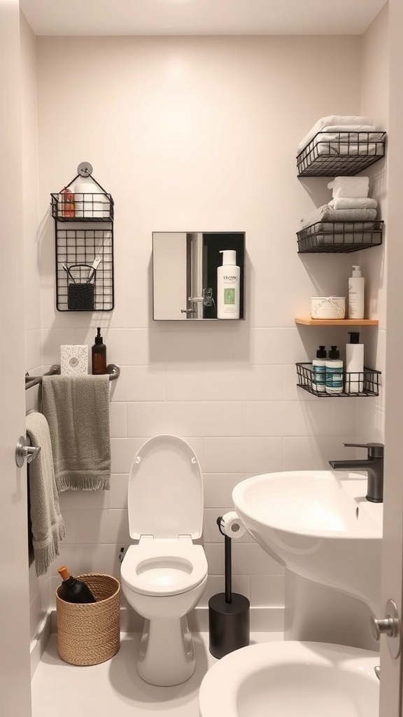 A small bathroom featuring wall-mounted wire baskets for toiletries and towels.