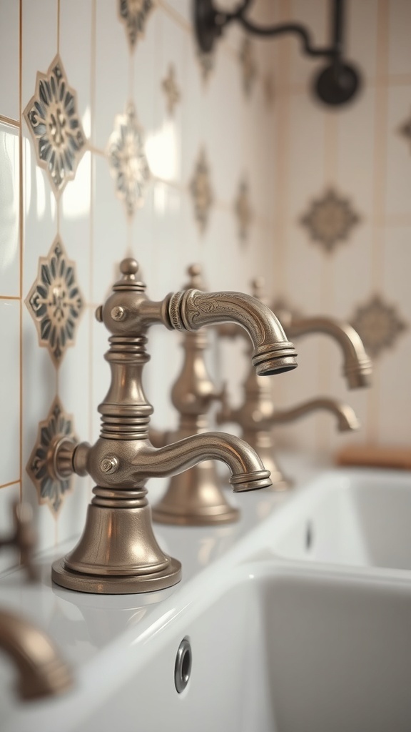 Close-up of vintage-style faucets with intricate designs in a bathroom setting.