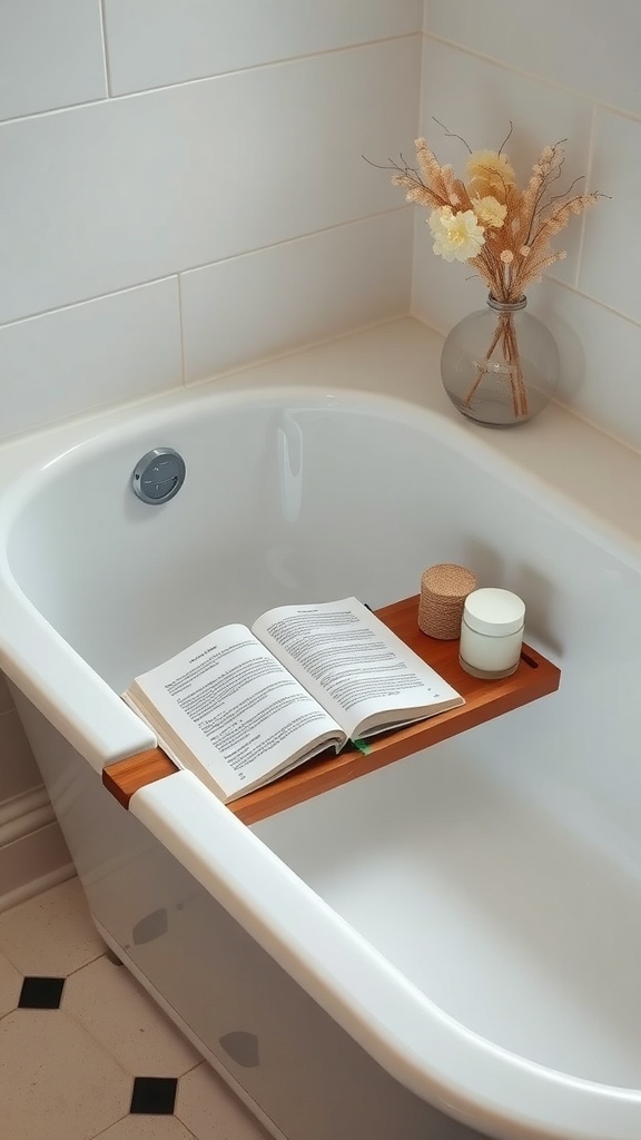 A serene bathtub with a wooden bath tray holding a book and a candle, surrounded by a simple vase of dried flowers.