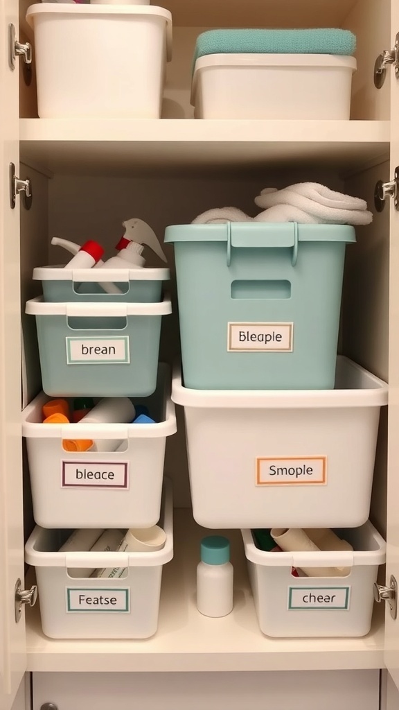 Organized bathroom cabinet with labeled bins for easy identification.