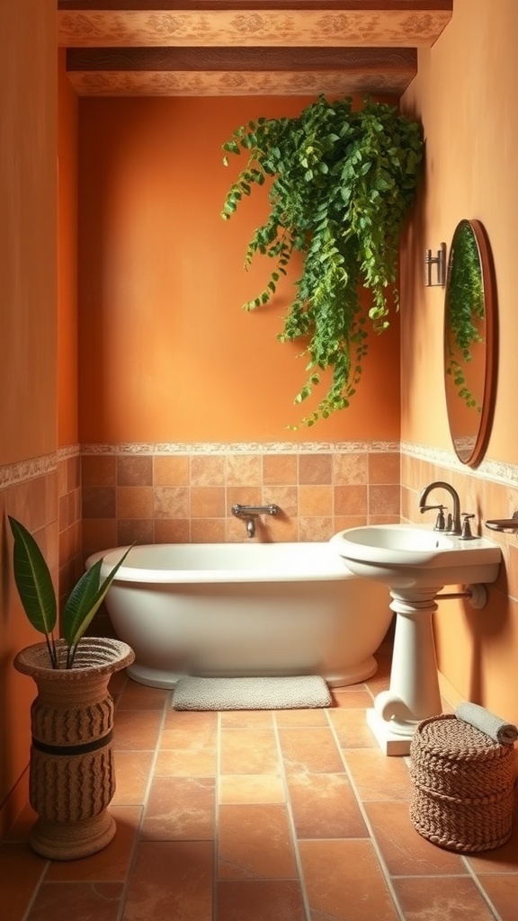 A warm Mediterranean-style bathroom featuring terracotta tiles, orange walls, and a white bathtub.