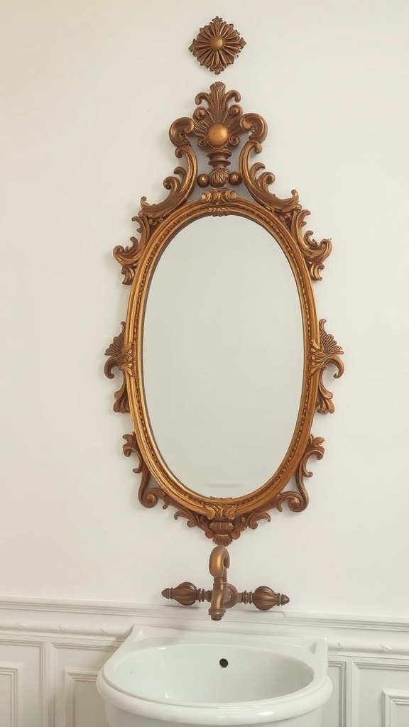 Ornate vintage mirror with a golden frame above a white sink