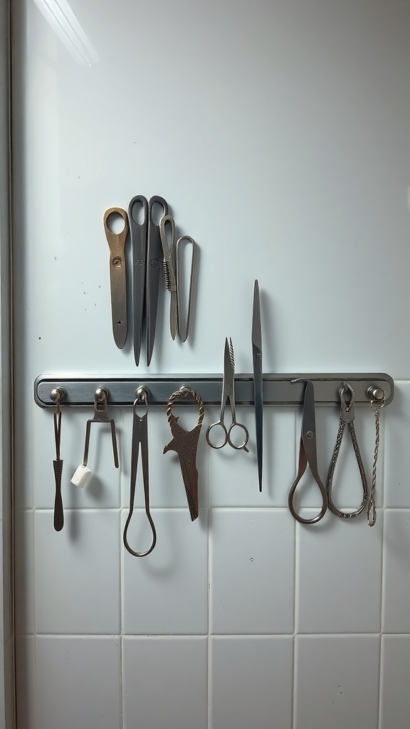 Magnetic strip holding various small metal tools in a bathroom
