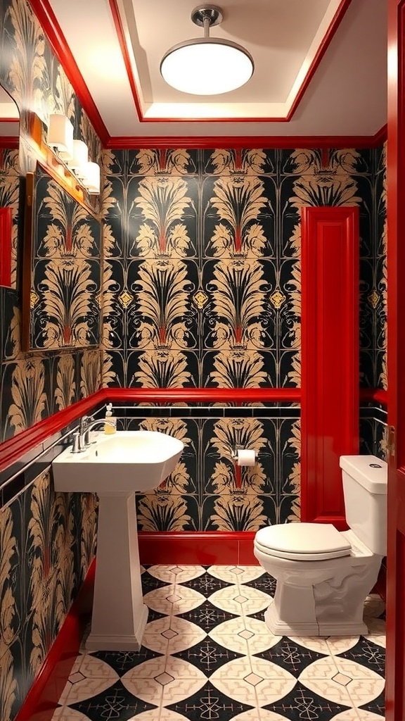 A stylish bathroom featuring Art Deco design with floral wallpaper, red trim, and geometric floor tiles.