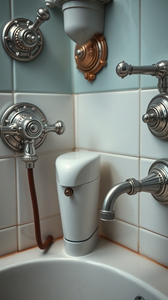 Close-up of vintage bathroom fixtures including chrome and brass taps against blue tiles.